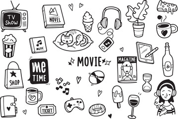 Movie Night Doodle Vector – Cinema Elements, Popcorn, Film Reel, Screen, Hand Drawn Entertainment Icons

