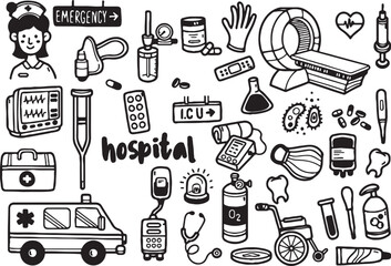 Hospital and Medical Doodle Vector – Doctor Tools, Health Symbols, Syringe, Pills, First Aid, Hand Drawn Design

