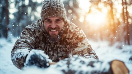 This captivating image of a man chopping wood in a snow-covered forest captures the essence of winter resilience and the beauty of outdoor labor during the cold season.