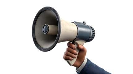 Close up of a hand holding a vintage megaphone with a textured bell and metal accents isolated on transparent background
