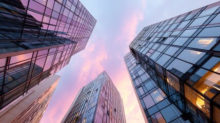Modern city skyline at dusk with towering glass buildings reflecting vibrant purple and orange sunset hues, viewed from low angle creating a dramatic and dynamic urban scene.