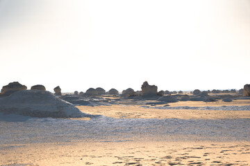 White rock formations and sand dunes in Egypt's White Desert, natural desert landscape