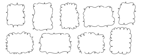 Scallop frame with line whimsical style. Wavy line decorative whimsical border frame black color. Scallop border wavy line. Vector illustration