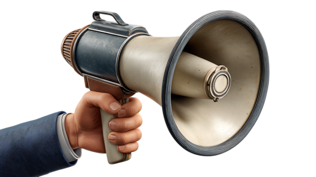 Close up of a person in a suit holding a vintage megaphone isolated on transparent background