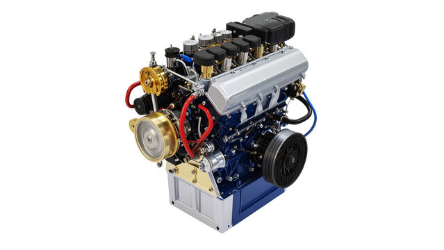 A retro car engine, an isolated vintage radio, and other old-fashioned equipment on white represent antique technology