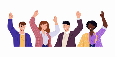 Diverse group of young professionals raising hands in unity and support showing teamwork and collaboration
