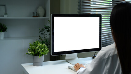 Back view of businesswoman working at desktop computer with blank screen