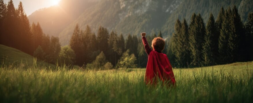 The child in a superhero cape embraces freedom in a beautiful natural landscape.