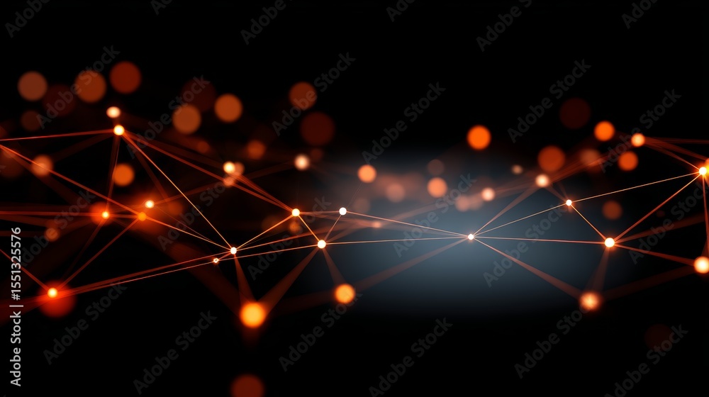 Poster Abstract digital network with glowing dots connected by radiant lines symbolizing global communication and collaboration against dark gradient background.