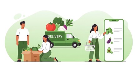 Vibrant fresh grocery delivery verdant truck overflowing with crisp produce tech app selection happy shoppers seamless