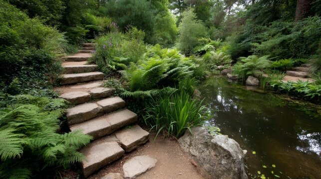 Tranquil garden scene with stone steps descending into a reflective pond surrounded by lush ferns and greenery, evoking peaceful serenity and natural beauty.