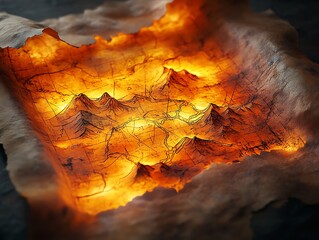 Illuminated geographic map reveals hidden mountain ranges on aged paper surface