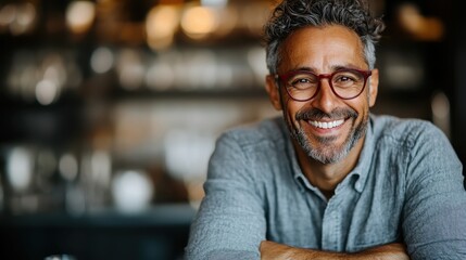 This image depicts a joyful man smiling in a cozy indoor cafe setting, reflecting happiness and contentment in a warm and inviting social atmosphere.