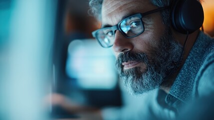 A focused, bearded man wearing glasses intently works on a computer, showcasing the essence of concentration, technology, and the modern lifestyle, perfect for remote work themes.