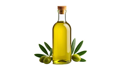 Yellow, healthy olive oil in a glass bottle with herbs on a white background