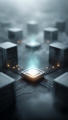 Isometric server room with glowing central processor, futuristic data center, cloud computing digital network and advanced technology