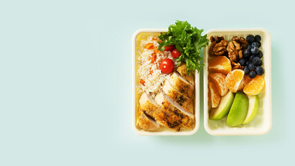Balanced fitness lunch with rice and chicken