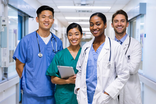 A diverse and confident group of medical professionals stand smiling directly at the camera in a brightly lit hospital corridor.