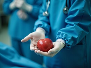 Heart valve surgery cardiology for patient in hospital. Prepare Transcatheter aortic valve implantation in doctor's hand.
