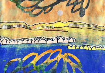 original seasons landscape made by watercolor and acrylic pen