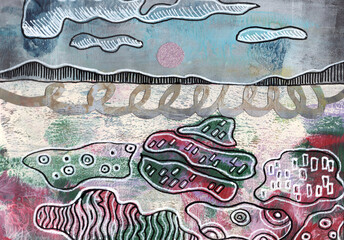 original seasons landscape made by watercolor and acrylic pen