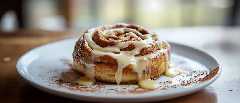 A freshly baked cinnamon roll drizzled with creamy icing, served on a white plate.