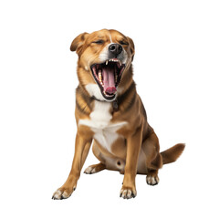 Adorable brown dog yawning widely on white background