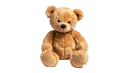 A soft, cuddly brown teddy bear toy, isolated on a white background, perfect for childhood memories or a sweet gift