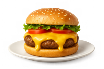 Delicious cheeseburger with melted cheese dripping on a plate with transparent background