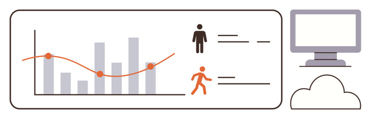 Bar and line graph, user icons, digital display screen, and cloud. Ideal for analytics, statistics, data management, digital trends research insights technology user behavior. Simple flat metaphor