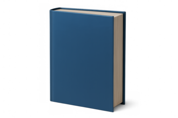 Hardcover blue book standing upright with transparent background