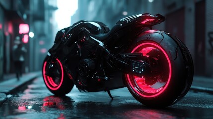 Obraz premium A sleek futuristic motorcycle stands out in a neon-lit urban environment, reflecting the essence of modernity and innovation amidst the vibrant colors of the city nightlife.