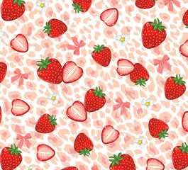 Leopard print with strawberry bow – vector background design 