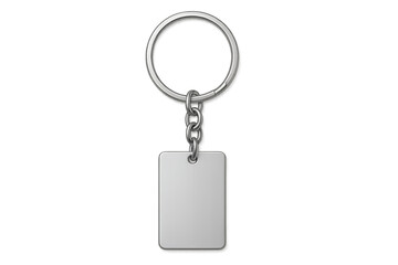 Realistic metal keychain with ring and blank square tag on transparent background