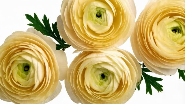 Isolated arrangement of delicate creamy buttercup flowers with multiple layered petals and green leaves on a white background creating a floral pattern