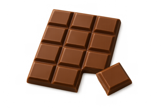 Milk chocolate bar with a missing piece on transparent background