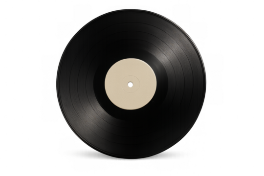 Black vinyl record with blank label on transparent background
