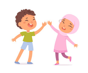 Happy kids giving a high five. Smiling girl and boy celebrating together. Friendship and teamwork concept. Cute flat vector illustration isolated on white background.