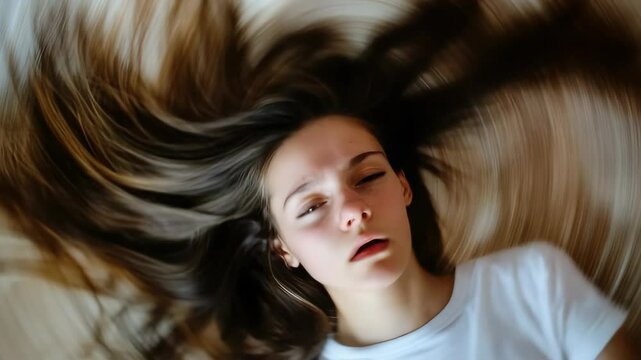 Disorientation phase image: Female endures vertigo signal, cognitive fog, posture wobble, stress surge, medical touch, emotional slide, dizziness pull, health slip, mental whirl, clarity break,