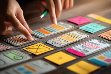 Hands reviewing mobile app wireframes on sticky notes