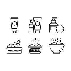 A set of six black and white line art icons featuring various spa and skincare products, including lotions, sprays, bath bombs, and body scrubs.