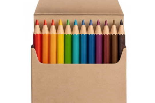 Set of colorful pencils in cardboard box on transparent background