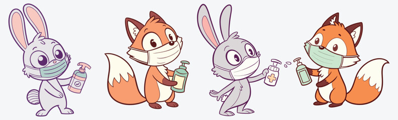 Cute fox and bunny characters wearing masks and using sanitizer vector.