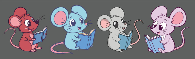 Cute cartoon mice animal reading books, colorful funny animal vector.