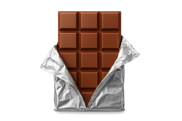 Milk chocolate bar wrapped in foil on transparent background