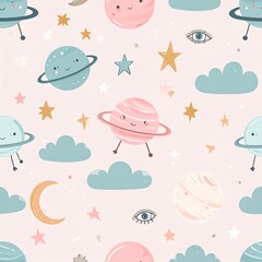 Naklejka premium Weird surreal cosmos pattern with legged planets, stars, and vapor clouds