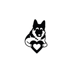 Black German Shepherd Silhouette Holding Heart Icon White Background