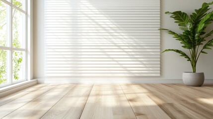 A minimalist room filled with natural light showcasing wooden floors and a leafy plant, creating a fresh and inviting atmosphere perfect for relaxation or work.