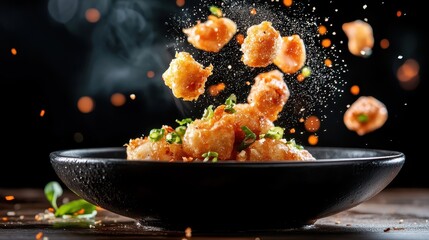 An appetizing close-up of delicious fried food being sprinkled with spices, capturing the art of cooking and the sensory appeal of gastronomy that excites taste buds and desires.