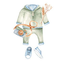 Baby Boy Composition in Boho style. Babysuit, Sneakers with Wooden Camera and dried plants. T-shirt, Sweatshirt and pants with eco toy. Watercolor Hand drawn illustration isolated on white background